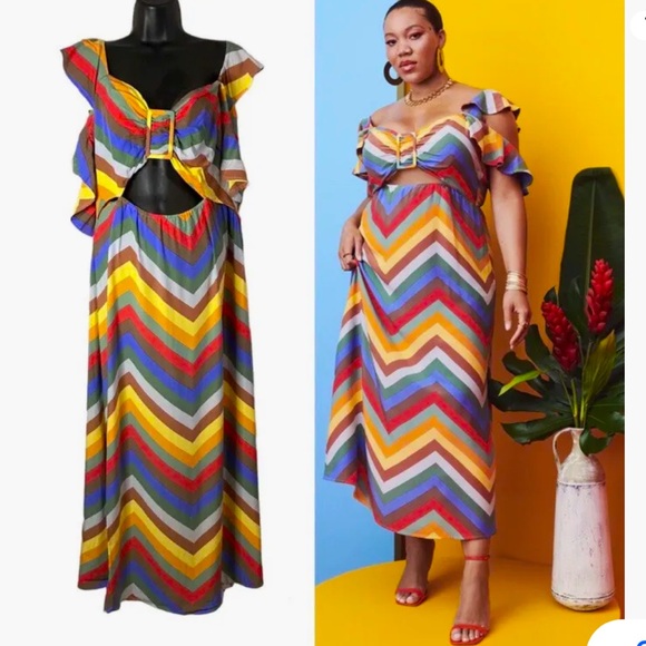 Eloquii Dresses & Skirts - NWT Eloquii Size 20 Ruffle Strap Chevron Printed Midi Dress